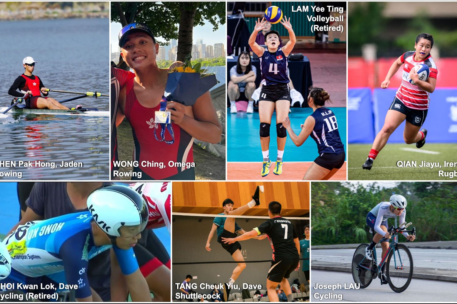 From top left: Mr Chen Pak-hong (rowing), Mr Wong Ching (rowing), Miss Lam Yee-ting (volleyball, retired), Miss Qian Jiayu (rugby), Mr Choi Kwan-lok (cycling, retired), Mr Tang Cheuk-yiu (shuttlecock) and Mr Joseph Lau (cycling)